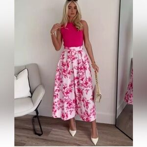 Zara Floral Print High Waist Midi Skirt Flared Hem Pink